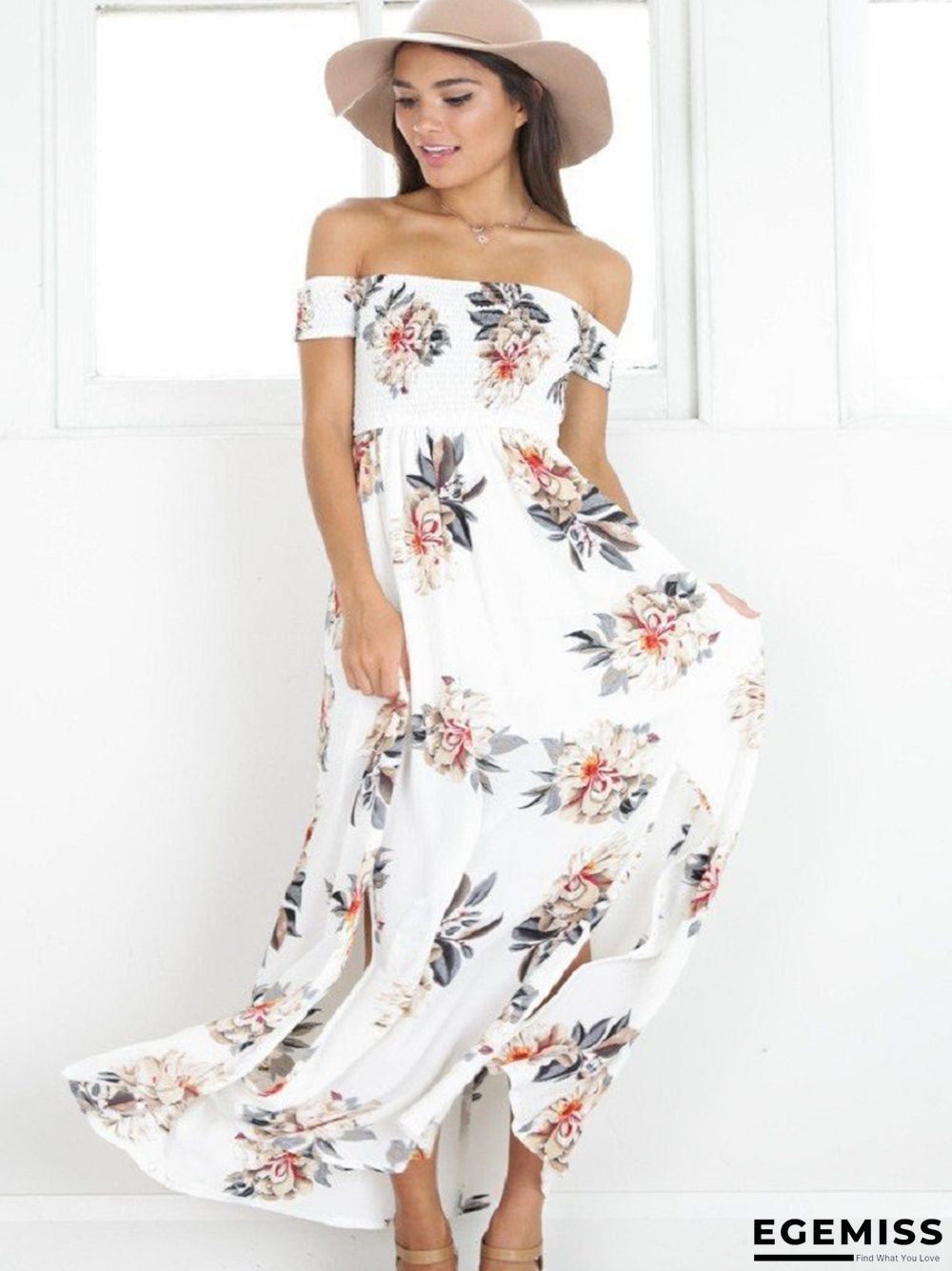 Chest-wrapped Flower Printed Beach Gown White Dresses | EGEMISS