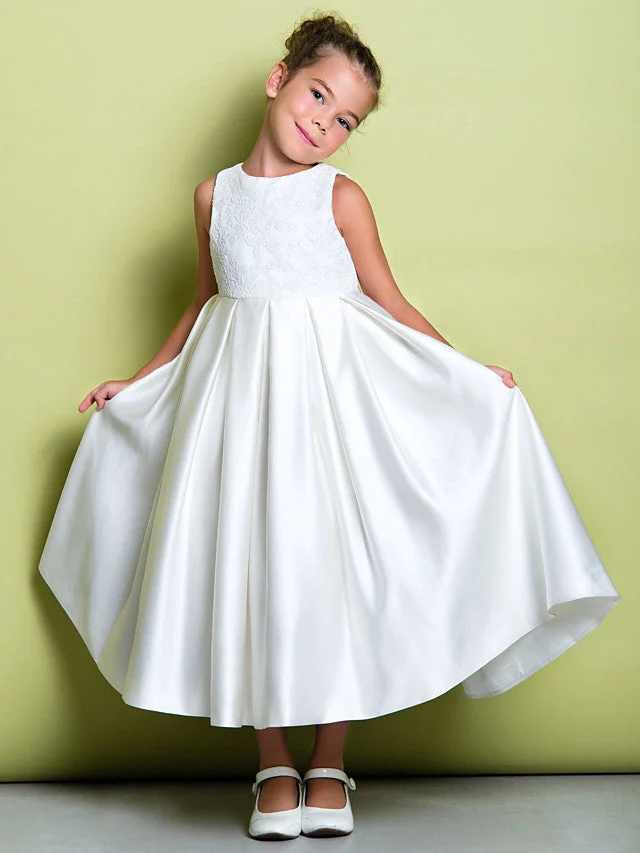 Daisda A-Line Sleeveless Jewel Neck Flower Girl Dresses Lace Satin  With Lace