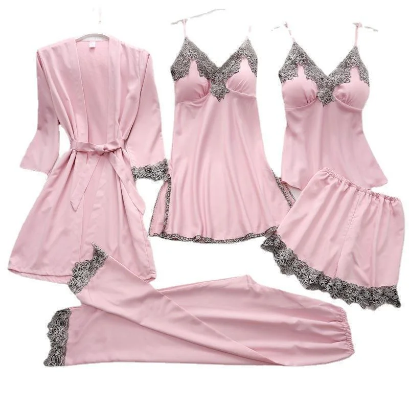 Uveng Simulation Silk Pajamas Lingerie Five-Piece Set Slings Sexy Lady Bathrobe Home Clothes Pajamas
