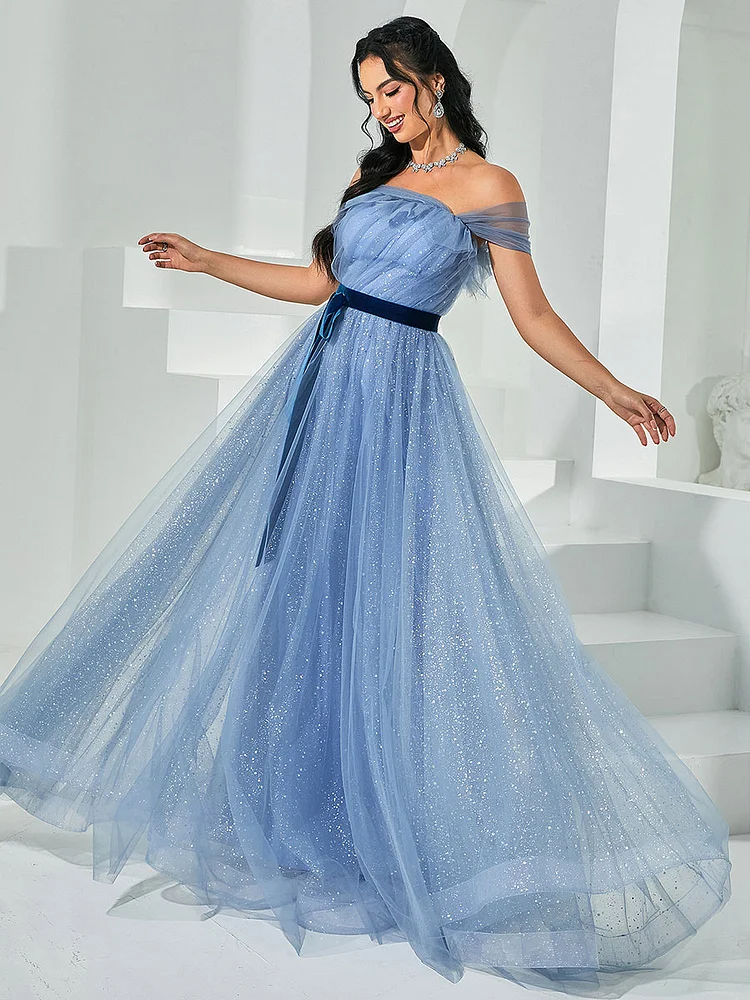 Off Shoulder Tulle Maxi Blue Prom Dress RY40049