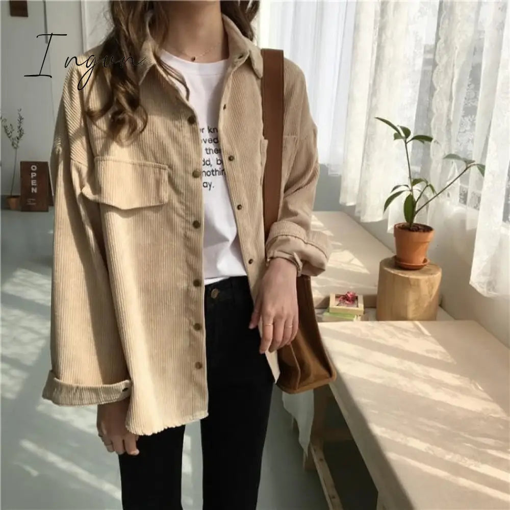 Ingvn - Loose Solid Long Sleeve Corduroy Tops Beige / One Size