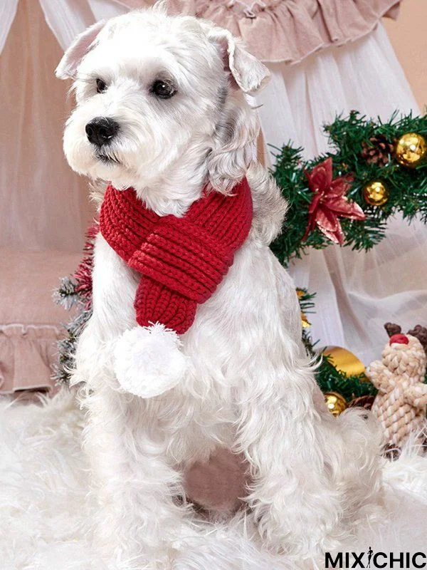 Christmas Pet Dogs Cats Handmade Crochet Pom Poms Red Scarf Holiday Party Pet Decorations