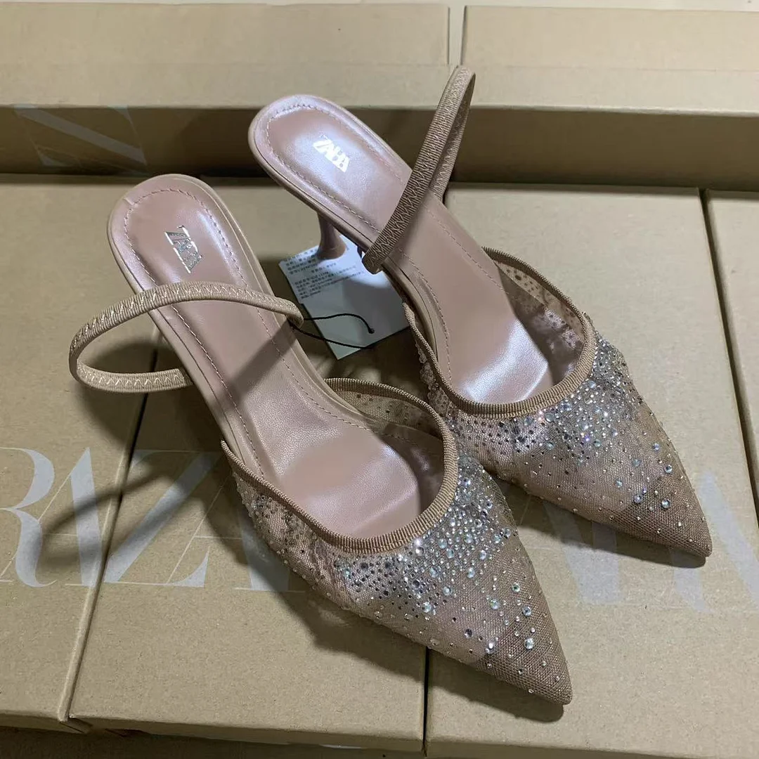 Breakj Breakj New Products 2025 French Pointed High-Heeled Shoes Apricot-Color Net Sand Drill After The Stumbling Banding And Fine And Cool