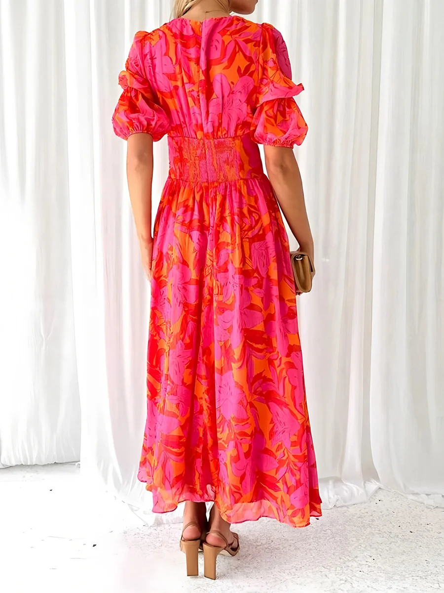 Athvotar Athvotar Fashion Print Bubble Sleeve Deep V-Neck Open Fork Sexy Lady Long Dress