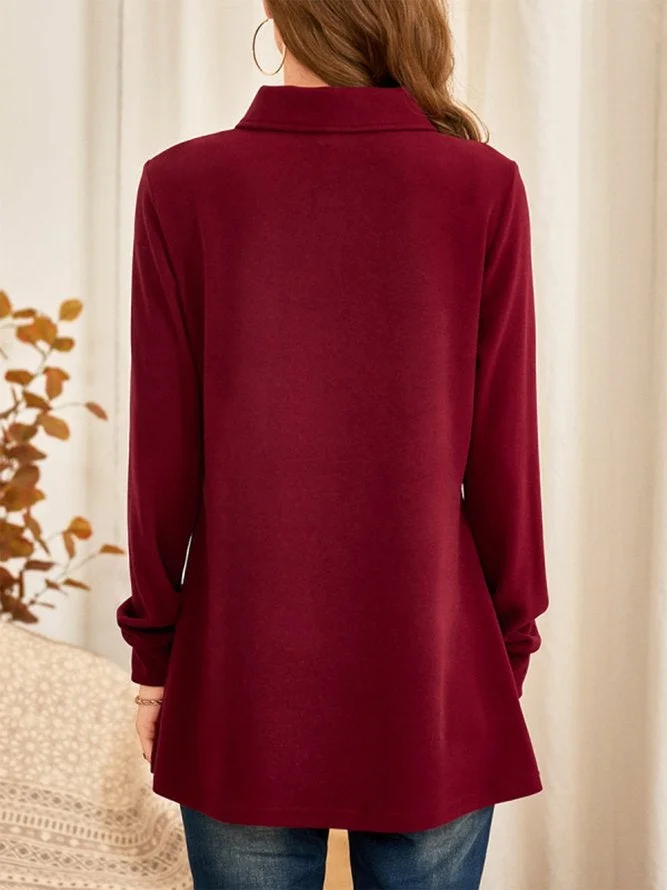 Plain Elegant Lapel Buttons Decoration Long Sleeve Casual T-shirt