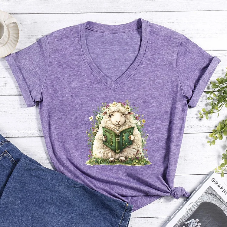 Sheep also like to read V-neck T-shirt-0025797