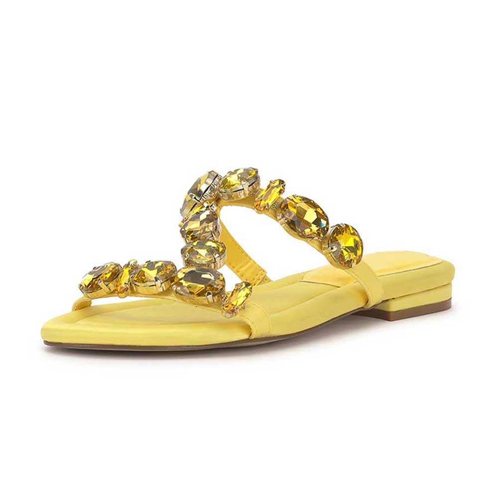 Yellow Vegan Leather Round Toe Flat Rhinestone Strappy Slippers Nicepairs