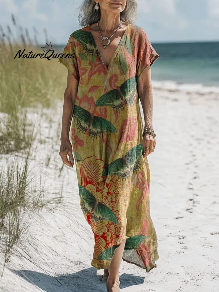 Women's Vintage Colorful Flowers Butterfly Art Print Pocket Cotton Dress