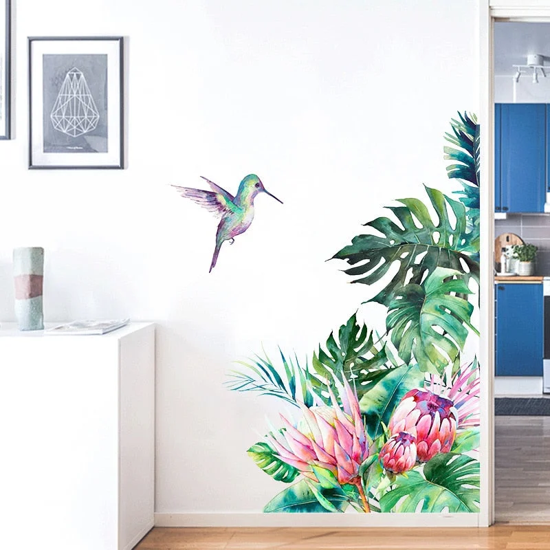 Tropical leaves flowers bird wall stickers bedroom living room decoration mural home decor decals removable stickers wallpaper