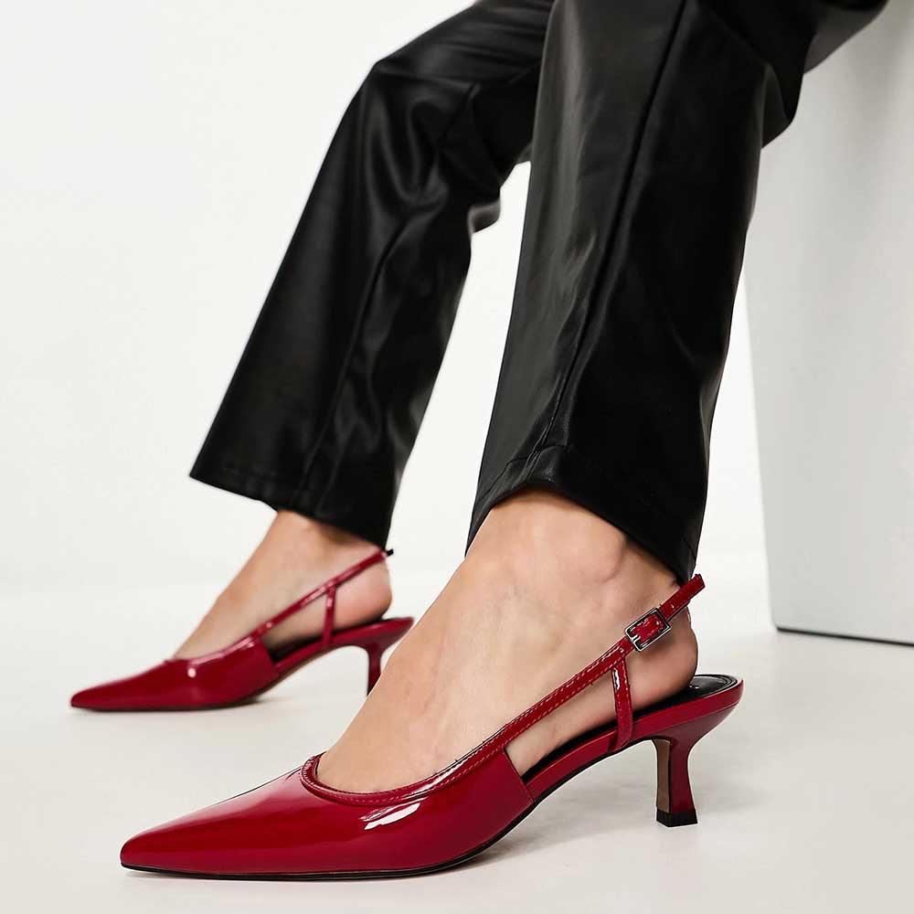 Red Patent Leather Pointed Toe Kitten Heel Buckle Slingback Pumps   Nicepairs
