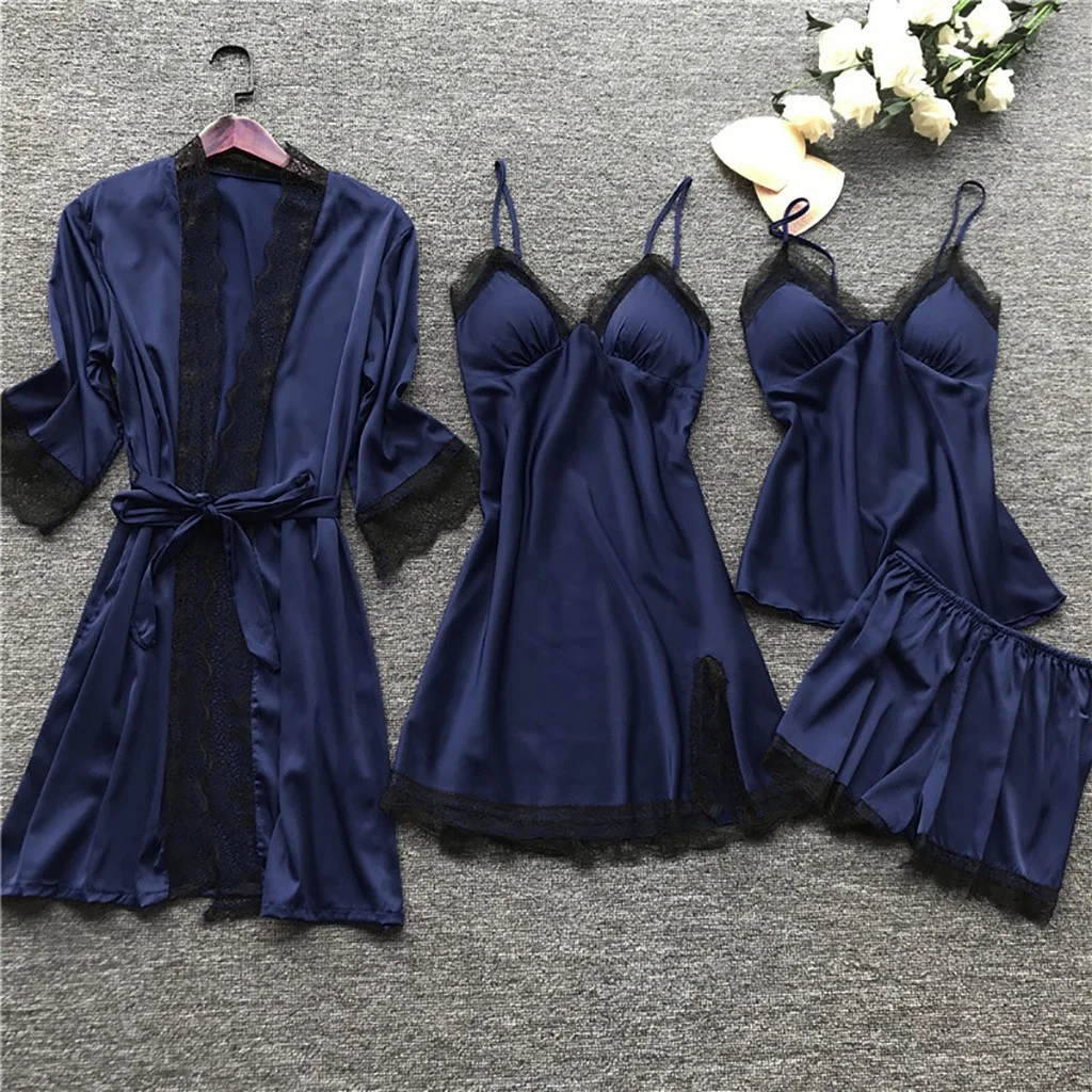 Uveng Uveng Woman Sexy Pajamas Four-Piece Korean Set Of Hanging Pajamas Women Homewear With Chest Pajamas Pajamas Pajamas 2103