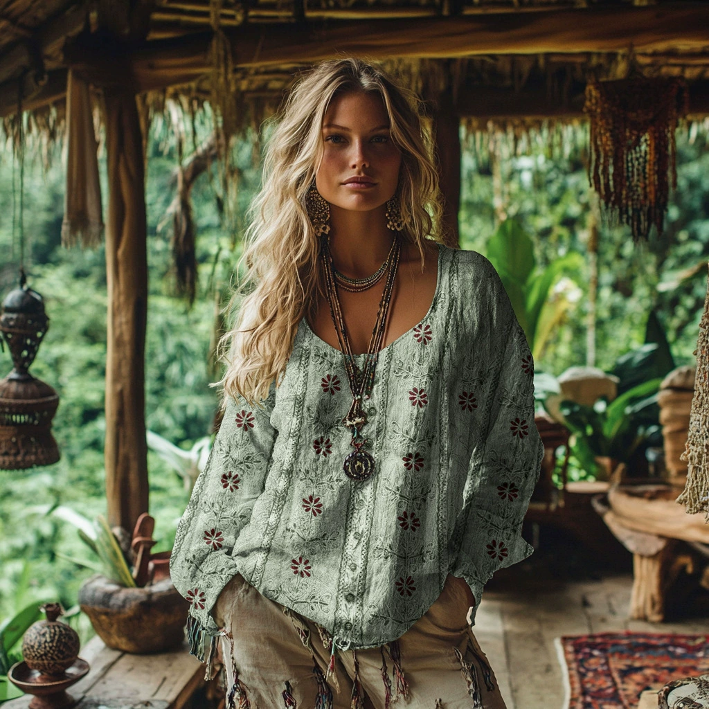 Linen-cotton Blend Bohemian-style Printed Long-sleeved Top - Helixace