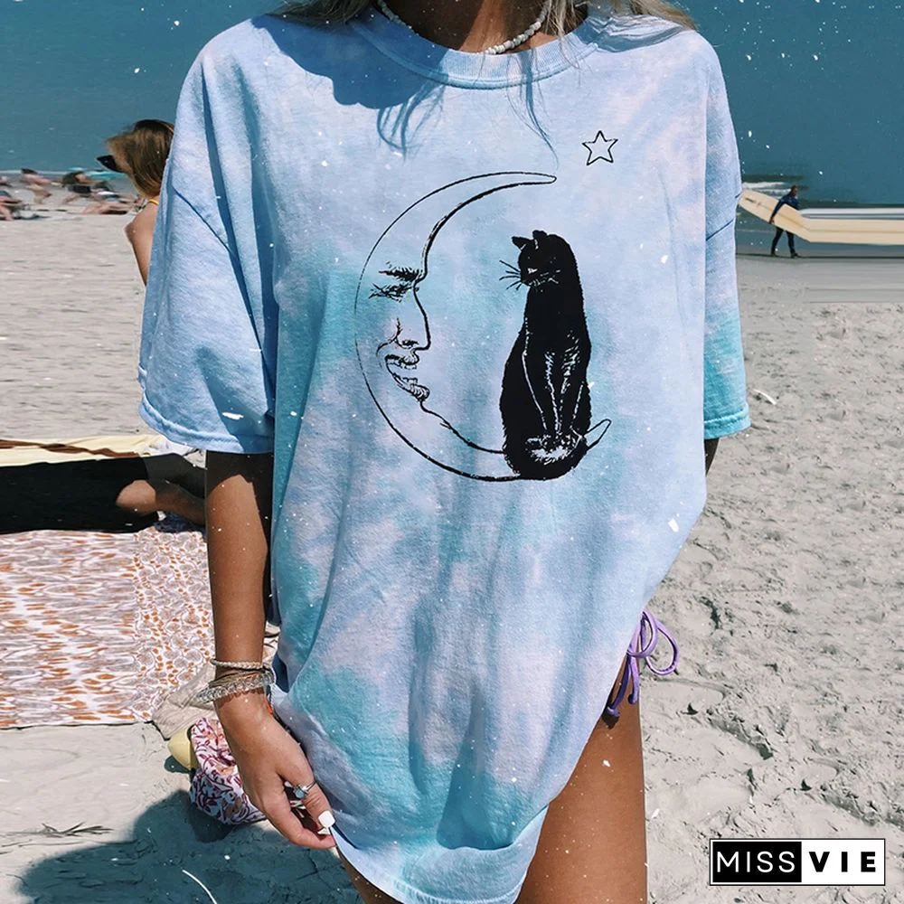 Casual Fashion Short Sleeve Tie Dye Print Crew Neck Top