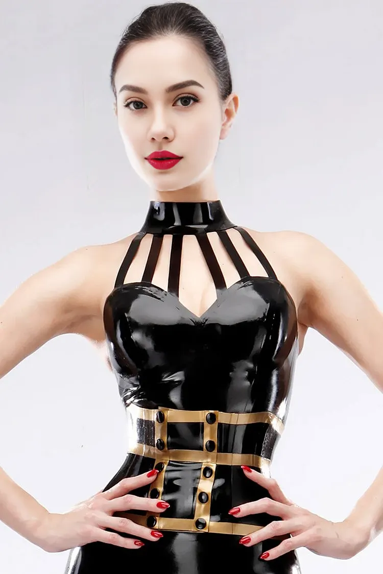 Women Latex Top Strappy Halter-neck Black