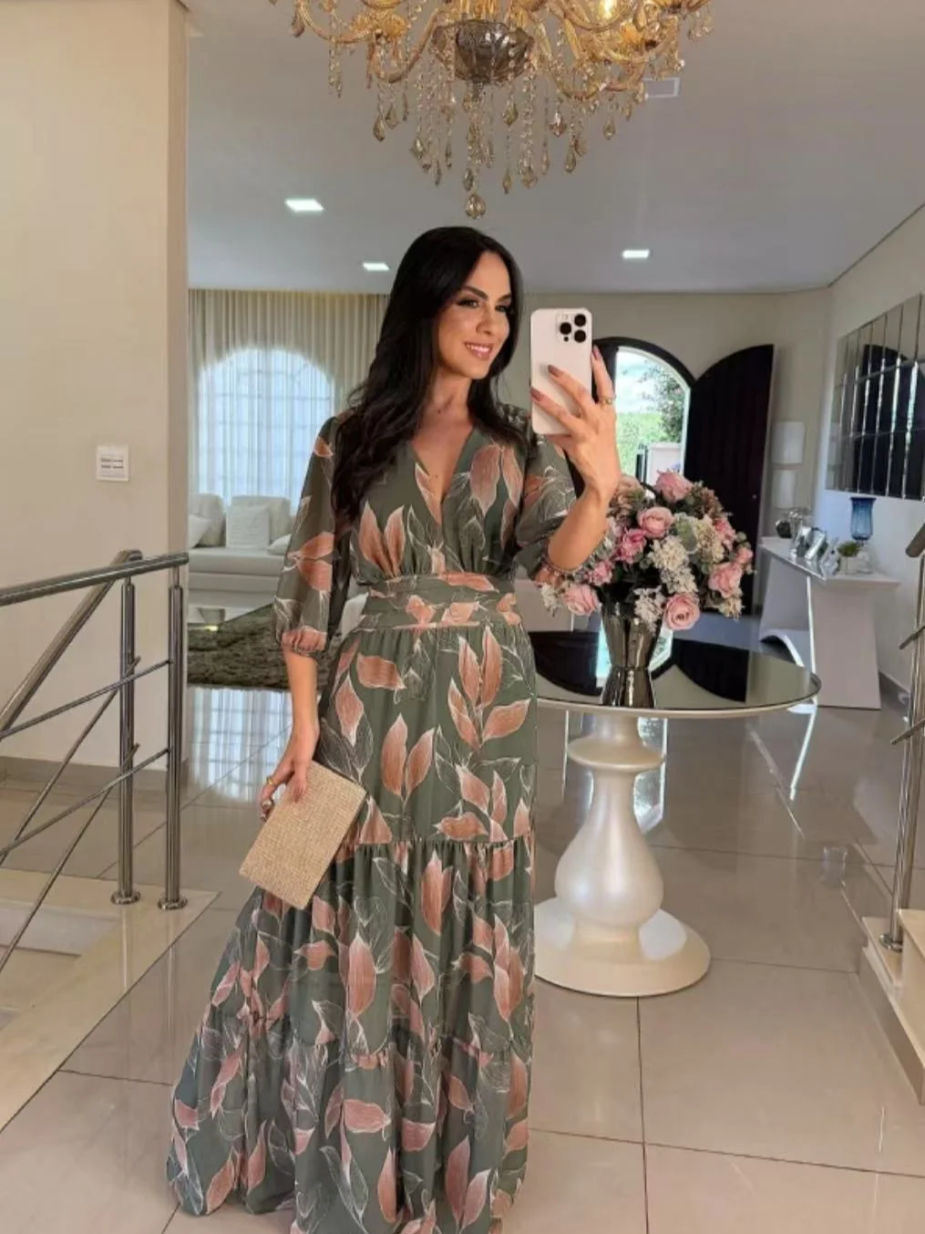 Nigikala Nigikala Women's Summer New V-Neck Fashion Elegant Print Long Dress Dress Woman