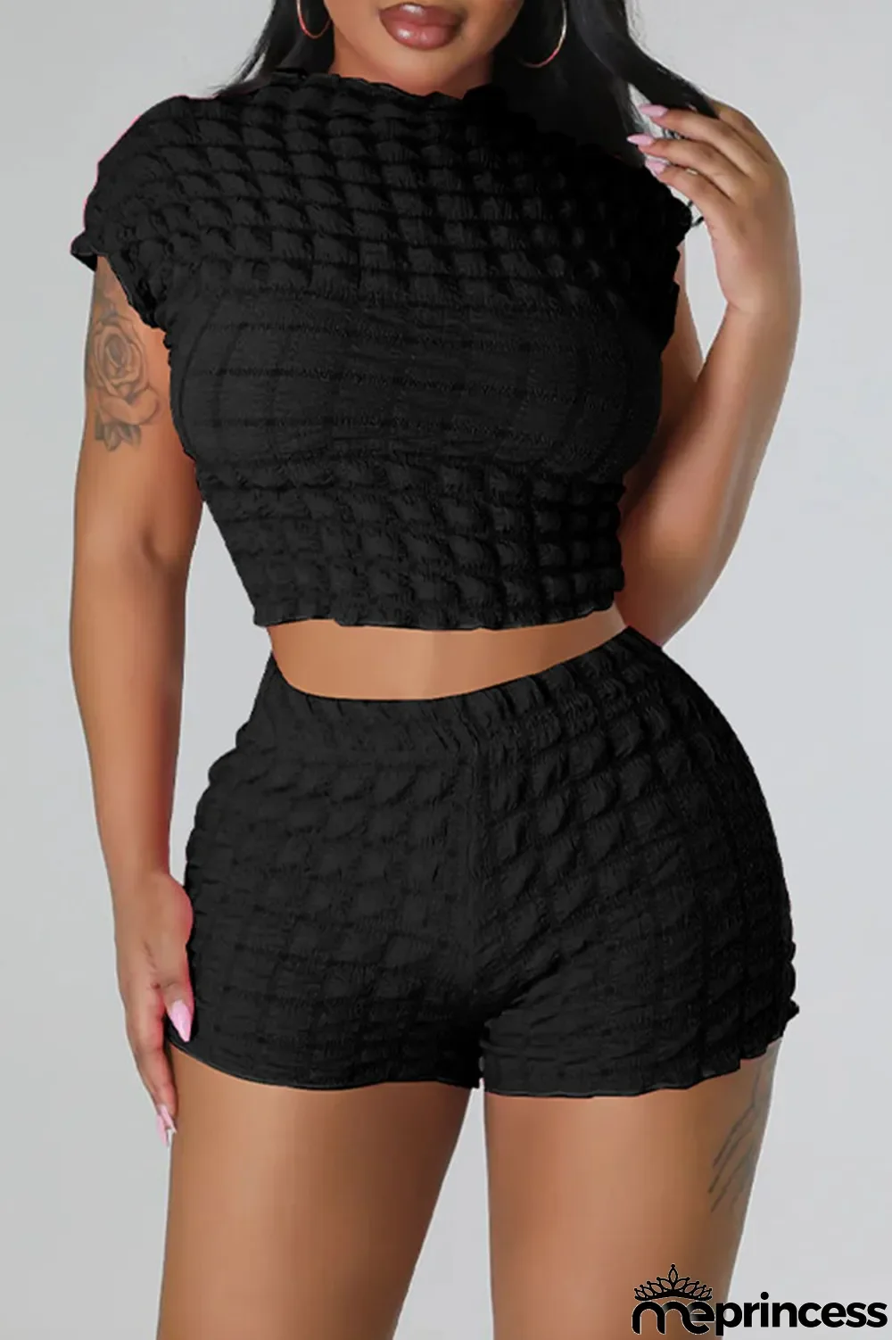 Rose Red Casual Solid Patchwork O Neck Short Sleeve Two Pieces