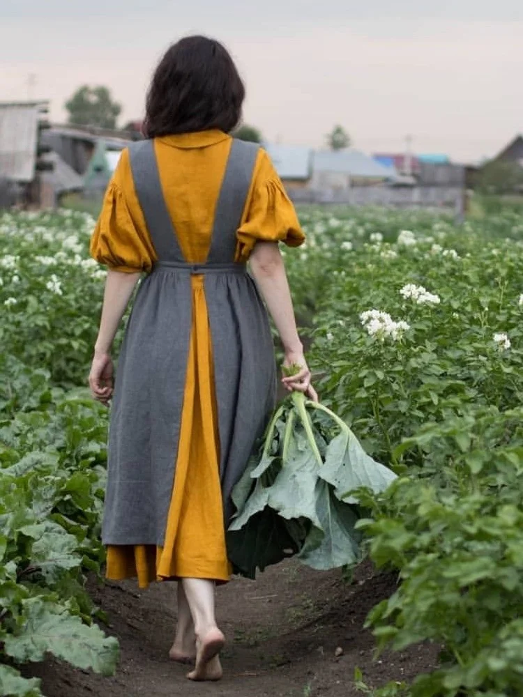Vintage Cottagecore Linen Blend Pinafore Dress