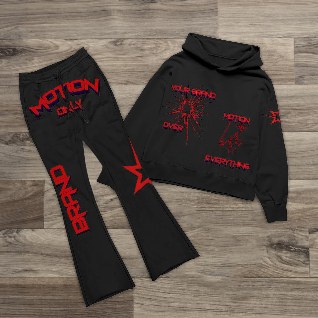 Personalized Fashion Casual Street Punk Print Hoodie & Flared Trousers Two Piece Set