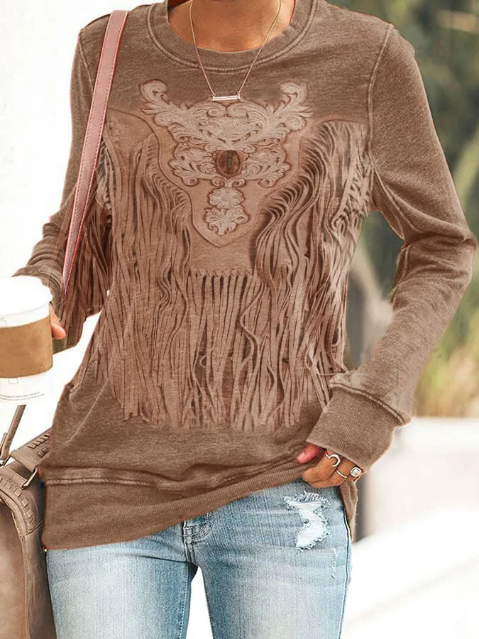 Casual Vintage Western Fringe Print Sweatshirt