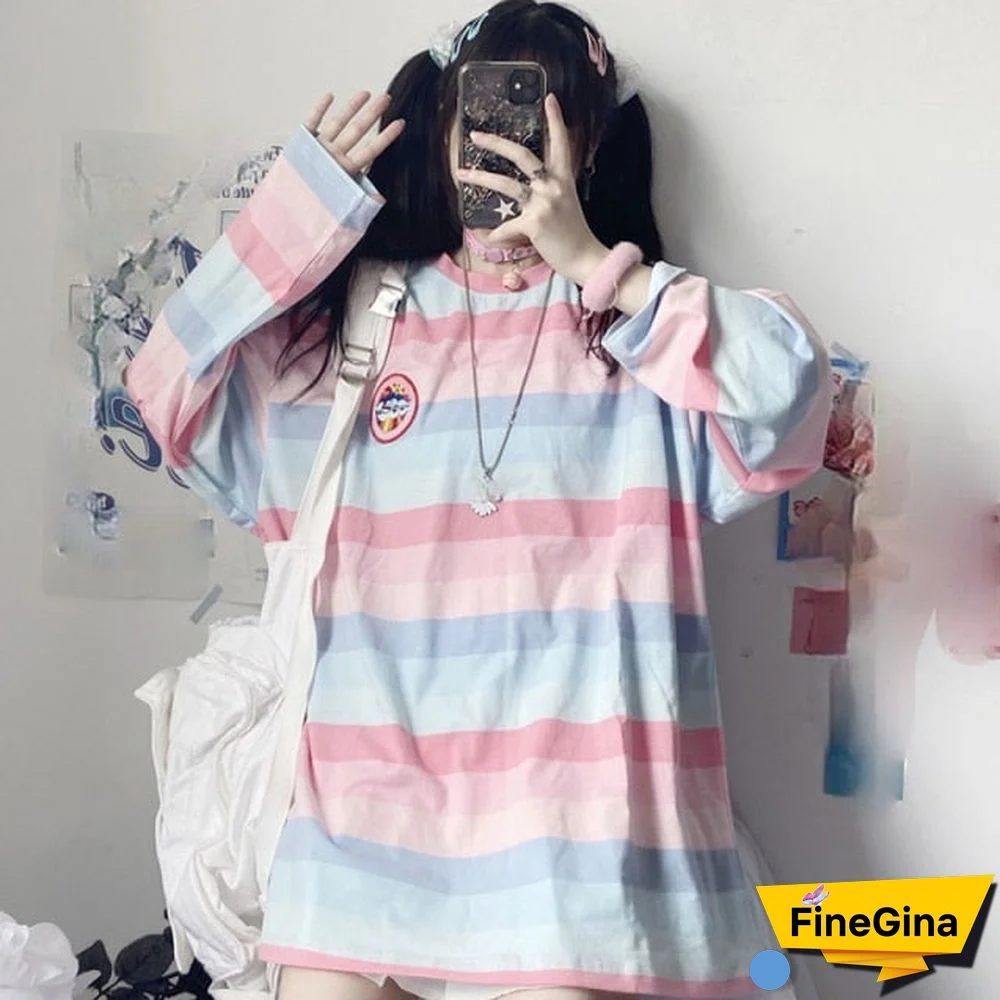 harajuku Long Sleeve T Shirt girl Christmas Topspring autumn embroidery stripe Tops Tee Women full Sleeve T-shirt Casual Female