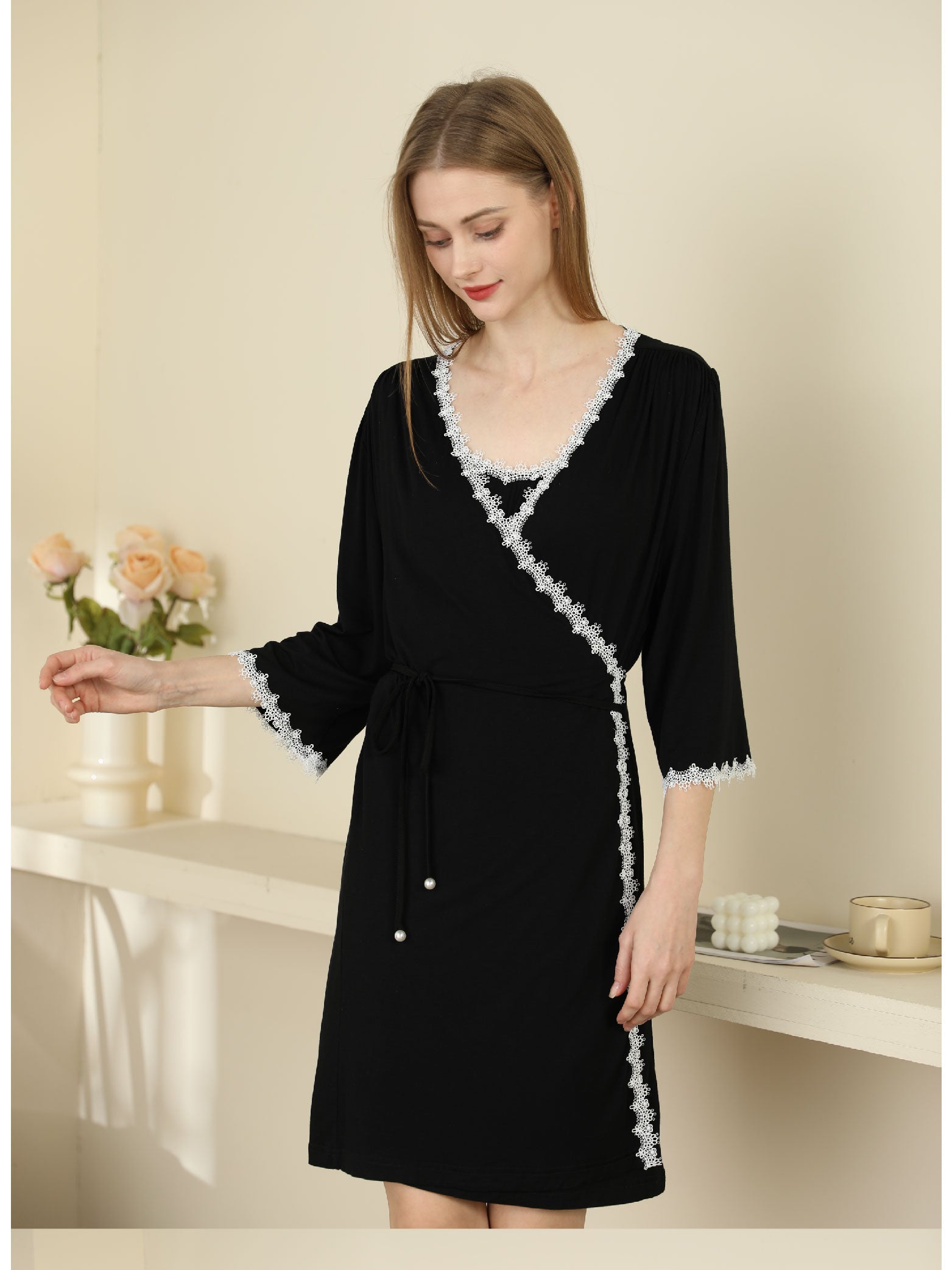 Lovingerie - Lace Trim Mid-Sleeve Camisole Cotton Nightgown