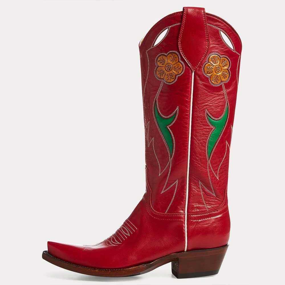 Red Snip Toe Chunky Heel Floral Inlay Pull Tab Mid-Calf Cowgirl Boots Nicepairs