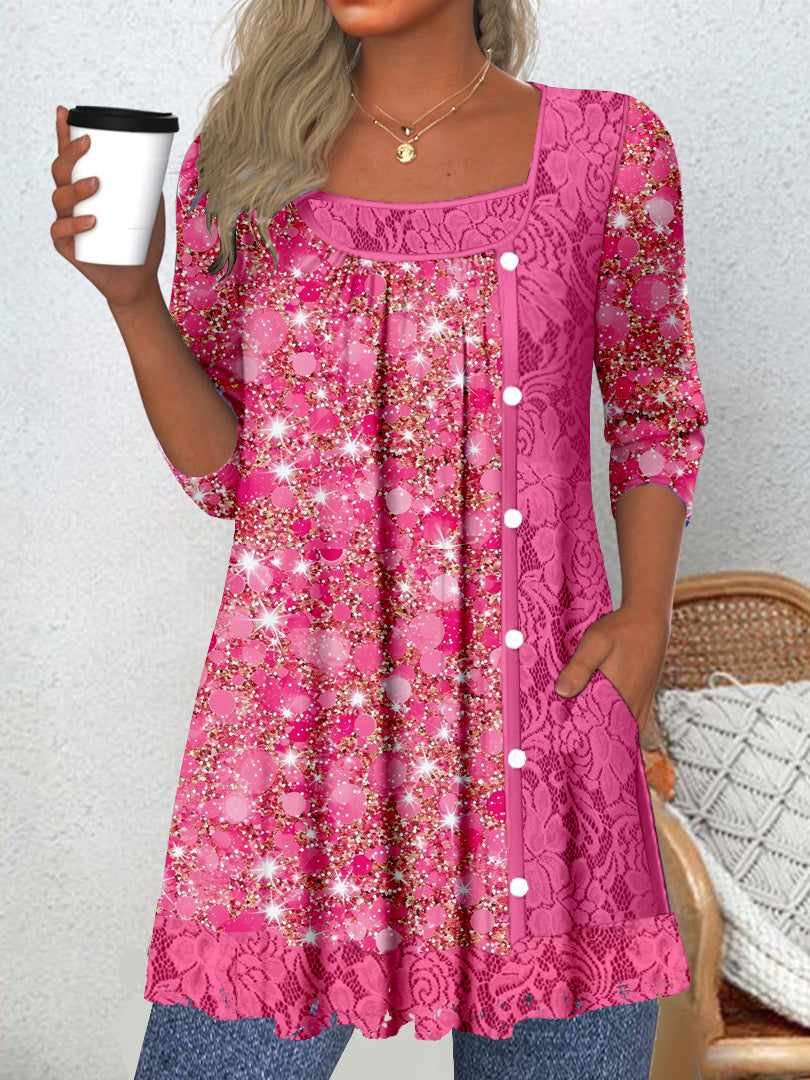 Women's Long Sleeve Scoop Neck Graphic Lace Top