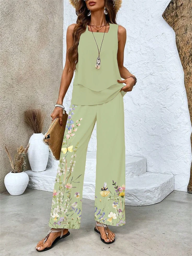 Women's Sleeveless Square Collar Graphic Printed Casual Set