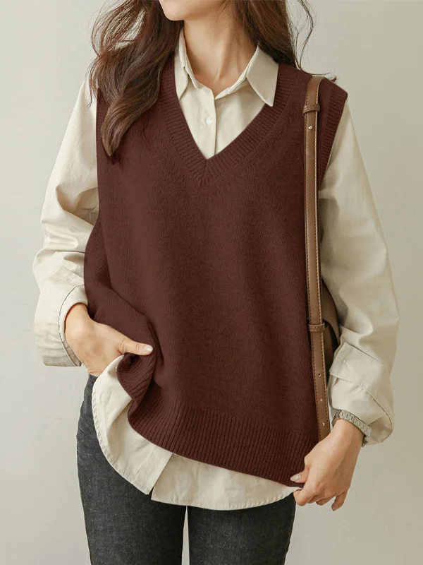Casual Loose Sleeveless Solid Color V-Neck Sweater Vest Outerwear