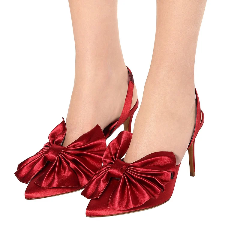 Red Satin Bow Heels Almond Toe Stiletto Heel Slingback Pumps |FSJ Shoes
