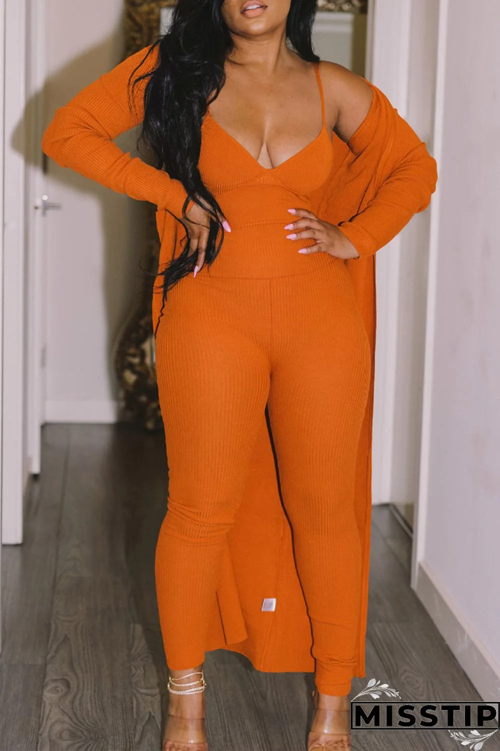 Red Fashion Casual Solid Cardigan V Neck Long Sleeve Two Pieces