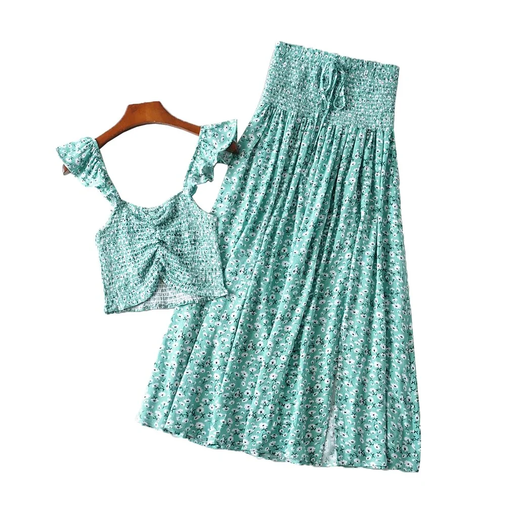 2PCS Women Fashion Set Tank Tops Skirt Boho Floral Sleeveless Crop Top High Waist Pleated Long Maix Skirts Matching Sets Clothes