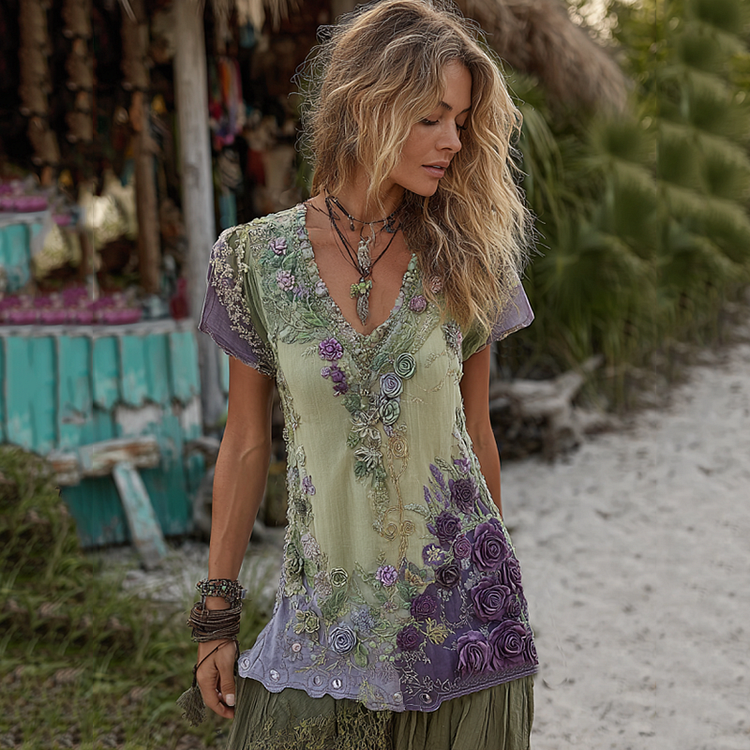 Classy Purple Lavender And Floral Embroidered Linen V Neck Short Sleeve T-shirt