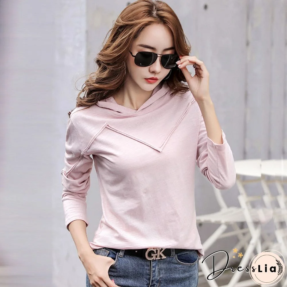 Long Sleeve Hooded T-shirt Bamboo Cotton Autumn Winter Tops New T Shirt Women Casual Patchwork Tee Shirt Femme White Black