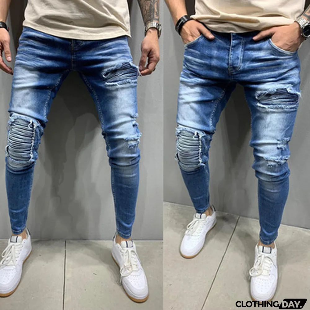 Men's Biker Ruffled Skinny Stretch Jeans