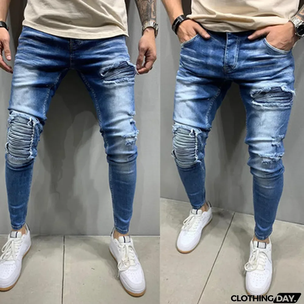 Men's Biker Ruffled Skinny Stretch Jeans