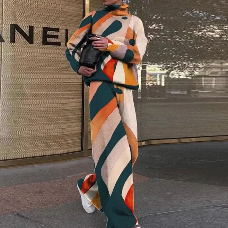 Casual Two Piece Outfits Graffiti Printing Sweatshirt Suits Women Streetwear Turtleneck Top + Wide Leg Pants Tracksuit 2 PC Sets