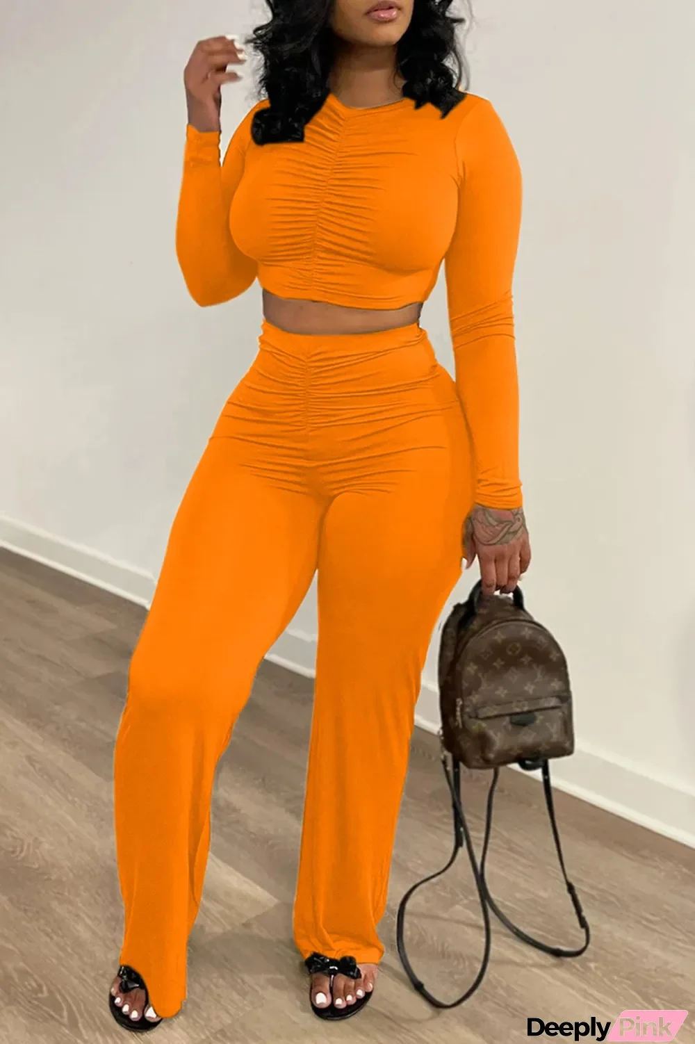 Orange Fashion Casual Solid Fold O Neck Long Sleeve Two Pieces