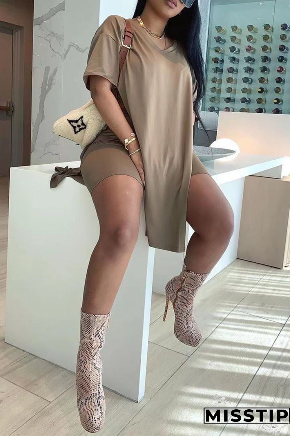 Khaki Fashion Casual Solid Slit V Neck Short Sleeve Two Pieces