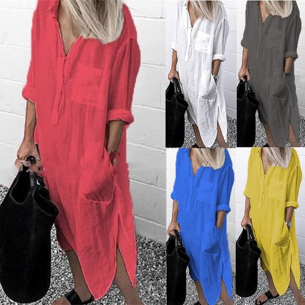 Casual Solid Color Long Sleeve Midi Dress V Neck Pocket Split Loose Dress Women Vestidos - BlackFridayBuys