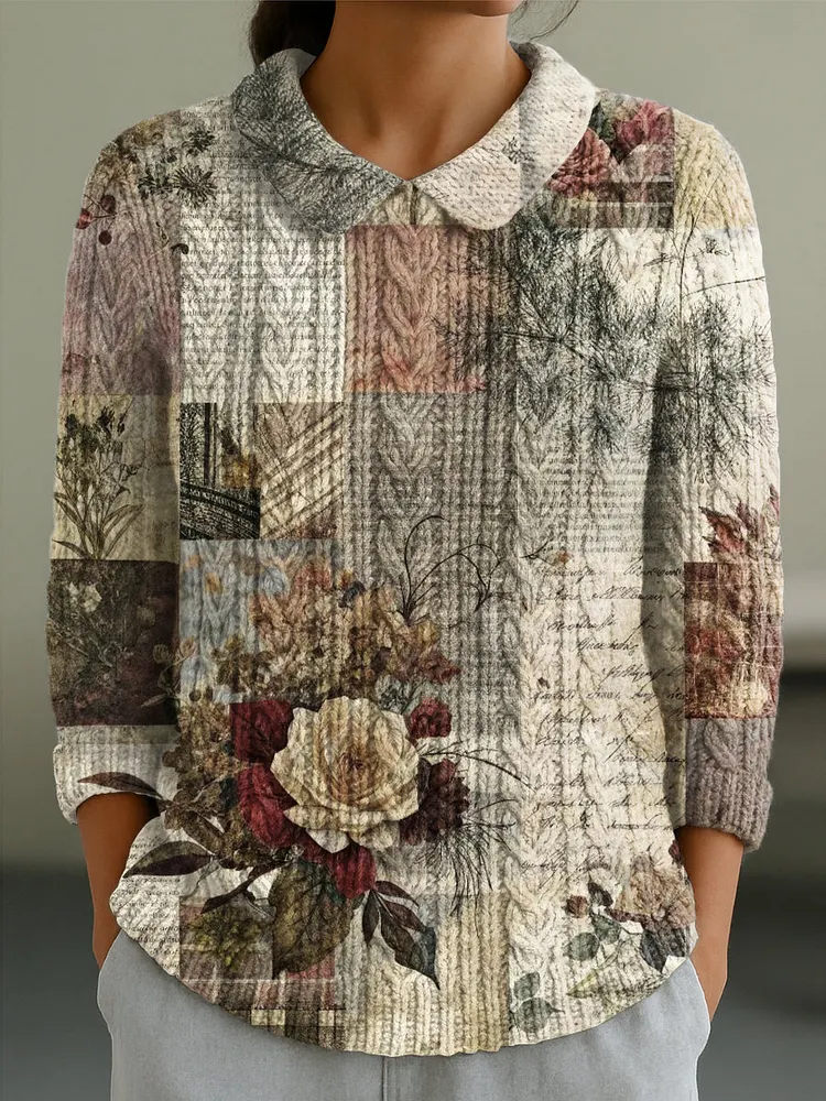 Women's Vintage Rose Floral Plaid Splicing Painting Art Print Casual Peter Pan Collar 3/4 Sleeve Sweater