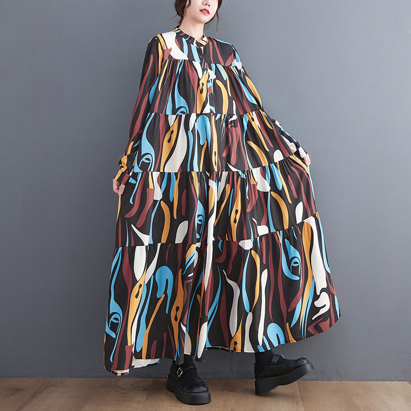 Loose Print Pleated Round Neck Midi Dress