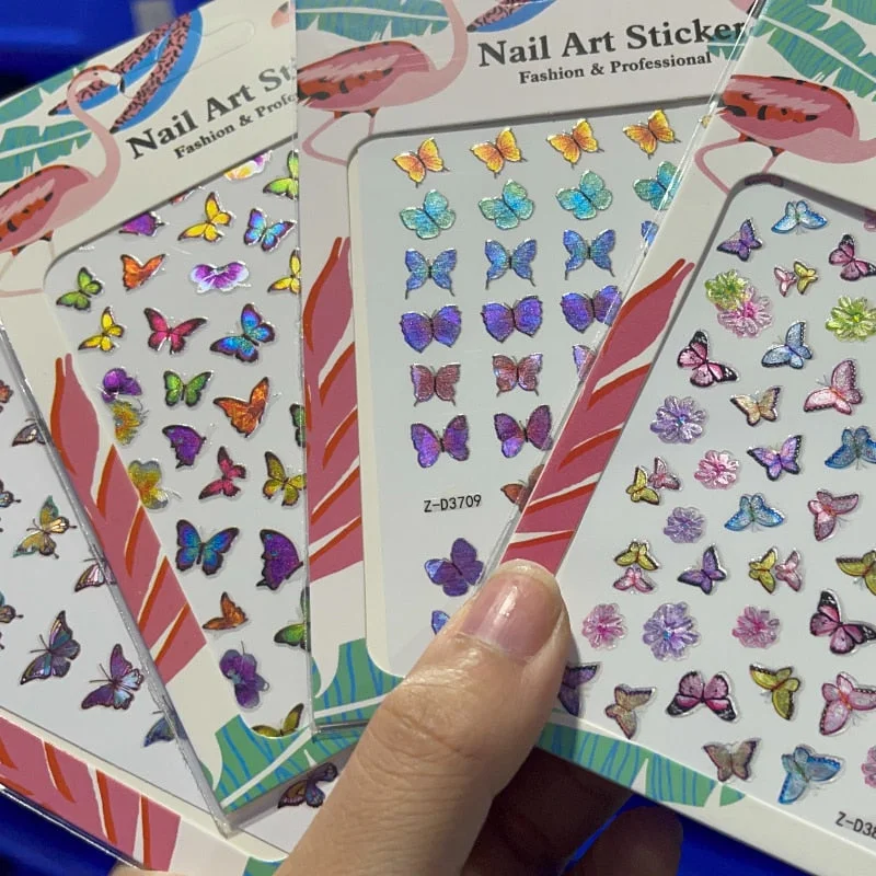 4PCS/Lot Pink Bule Butterfly Nail Stickers 3D Adhesive Transfer DIY Nail Art Decoration Manicure Salon Acrylic Tips Tool WG4365-Nail Inspo