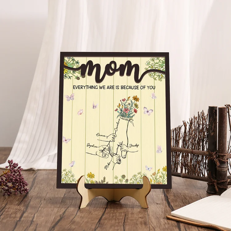 Personalized 5 Names Wooden Plaque Holding Mom's Hand Desktop Decoration With Stand - EVERYTHING WE ARE IS BECAUSE OF YOU