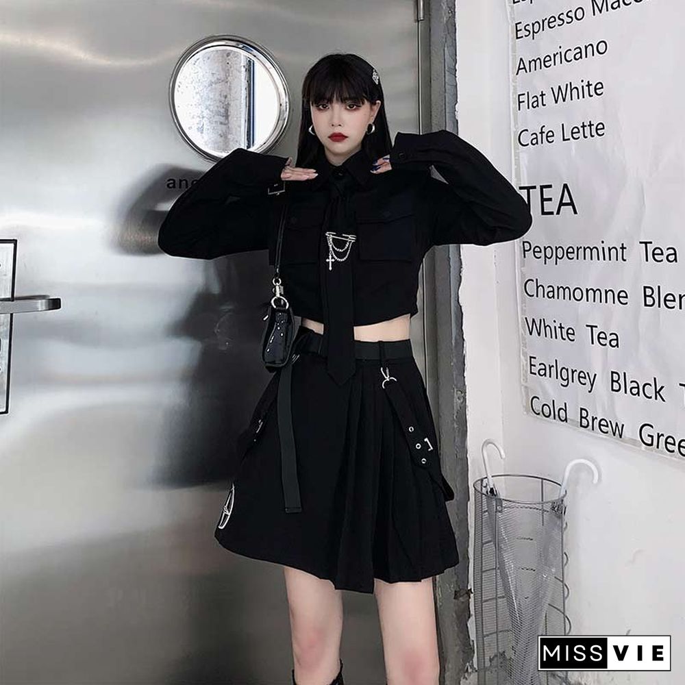 Cool Pocket Shirt Pleated Skirt Tie Set
