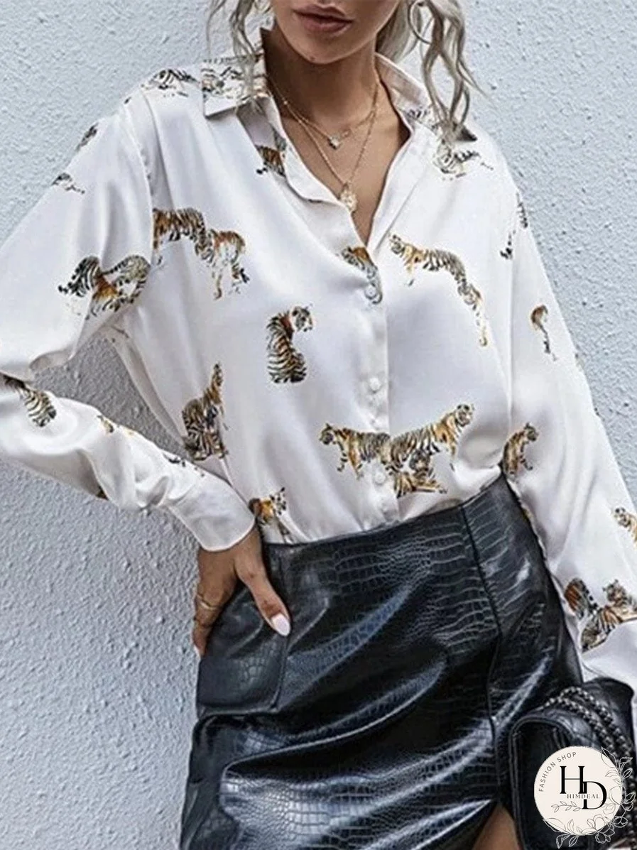 Tempting Printed Lapel Single-Breasted Long-Sleeved Blouse