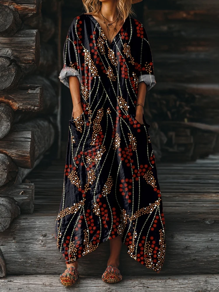 Women's Floral Art Pattern Print Pocket V-neck Cotton Dress