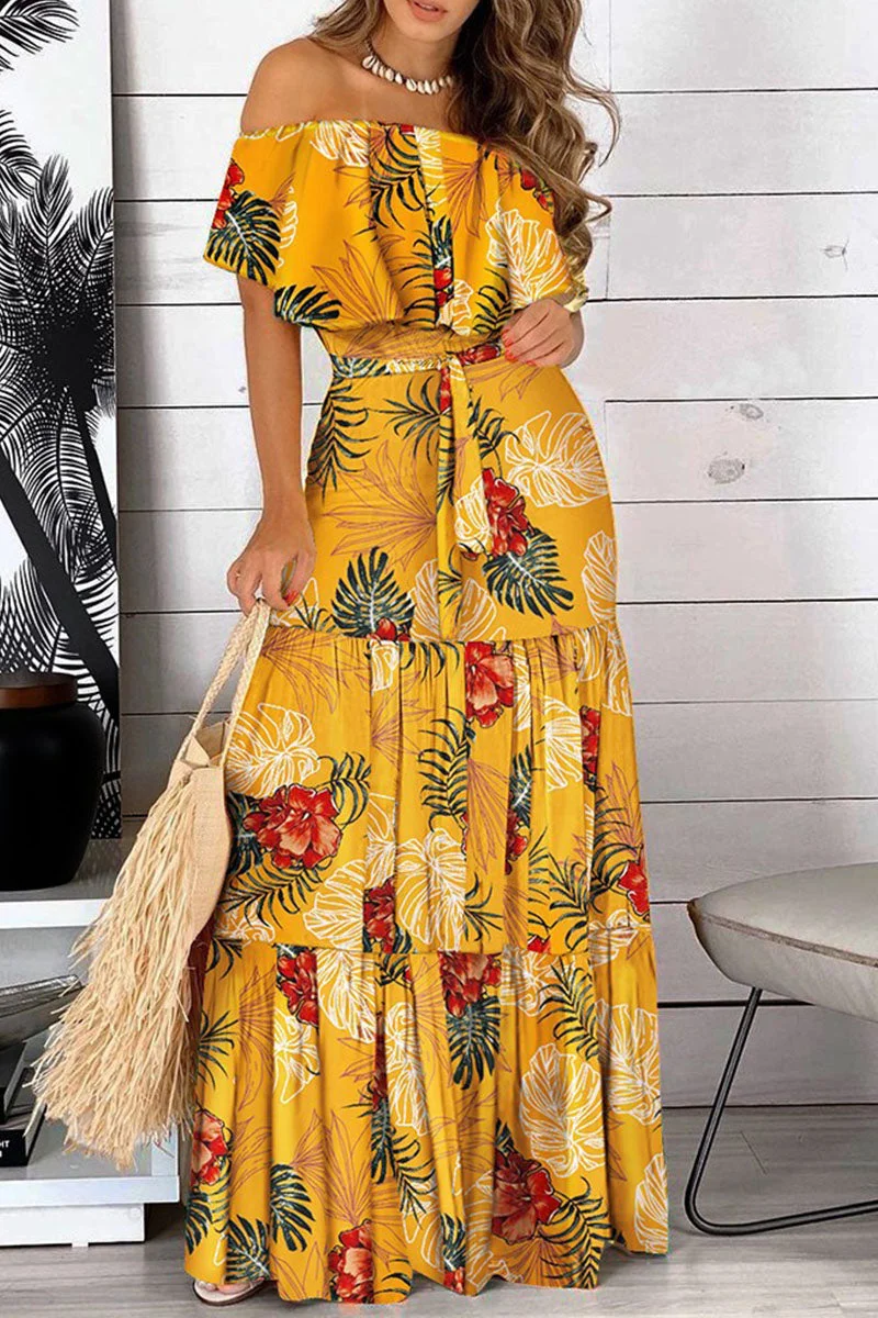 Elegant Print Patchwork Off the Shoulder Straight Dresses