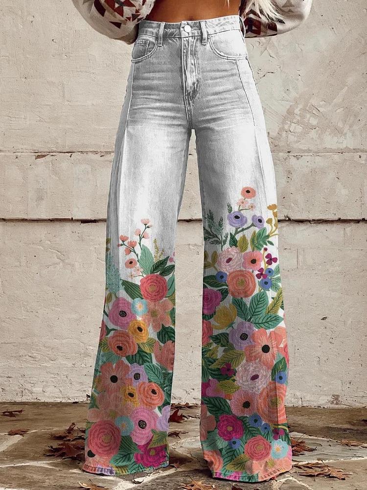 Women's White Pink Flowers Print Casual Wide Leg Pants