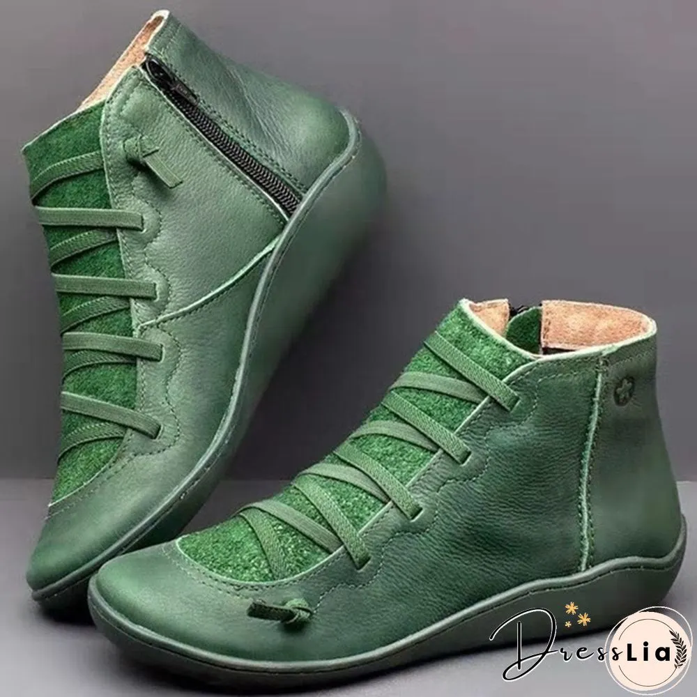 Womens Medieval Vintage Leather Boots Braided strap flat heel all season waterproof slip